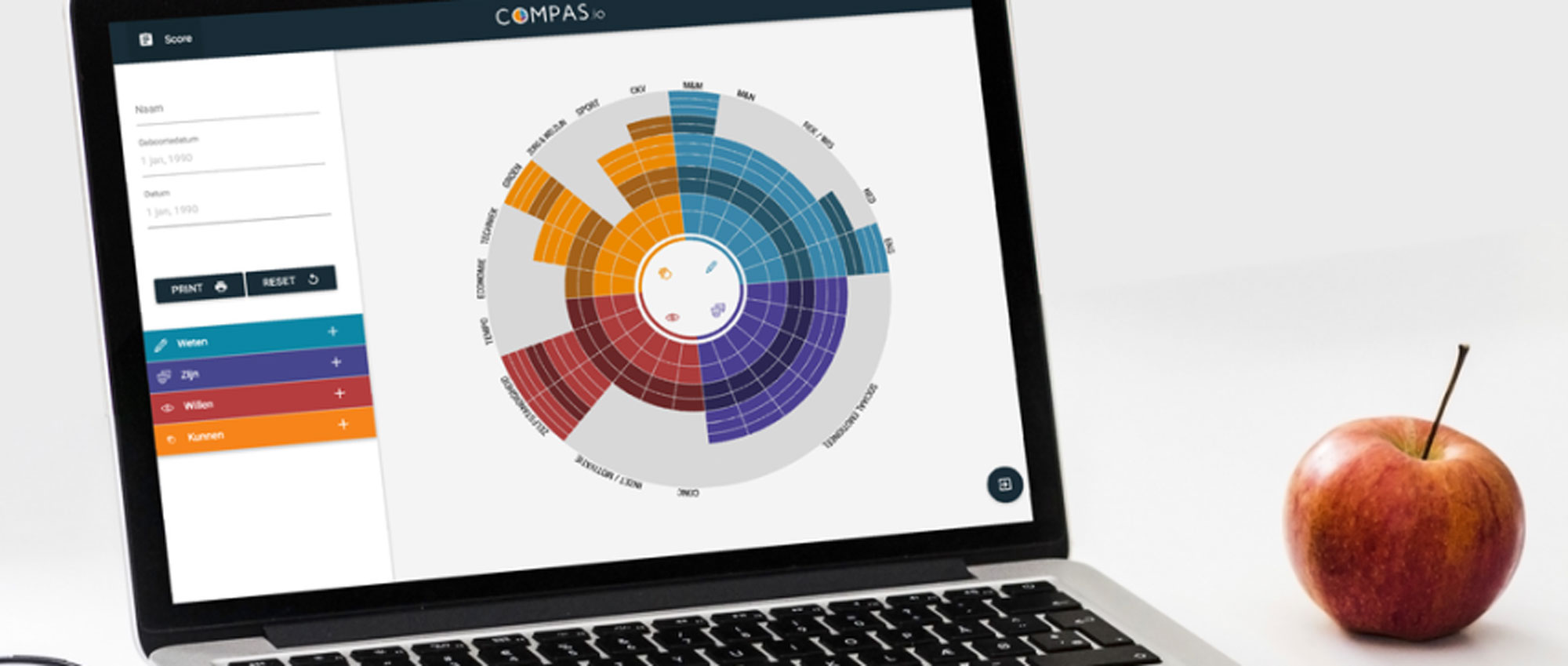 Desktop mock-up van applicatie met visueel wieldiagram