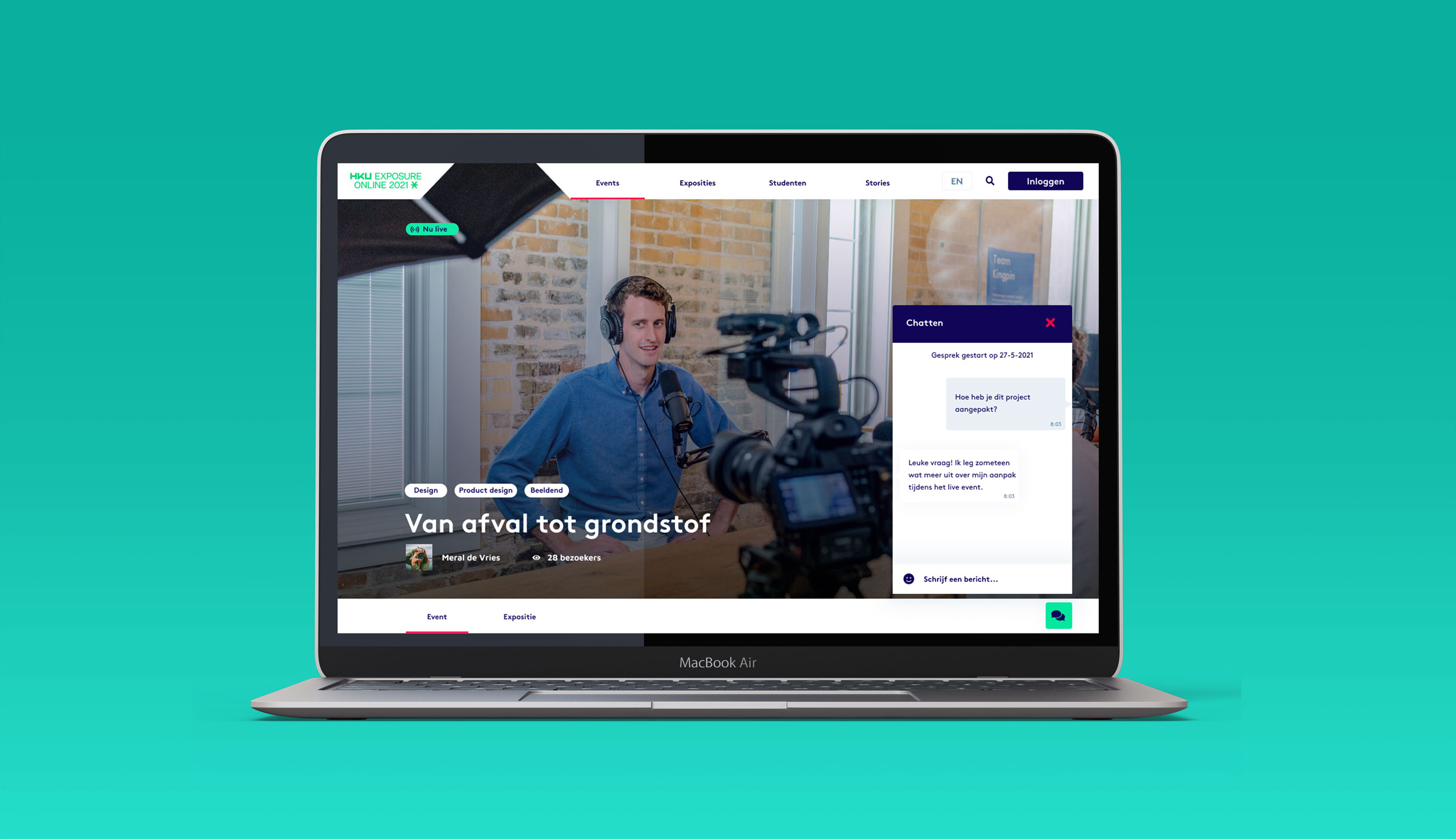 Desktop mock-up chatfunctie op het platform